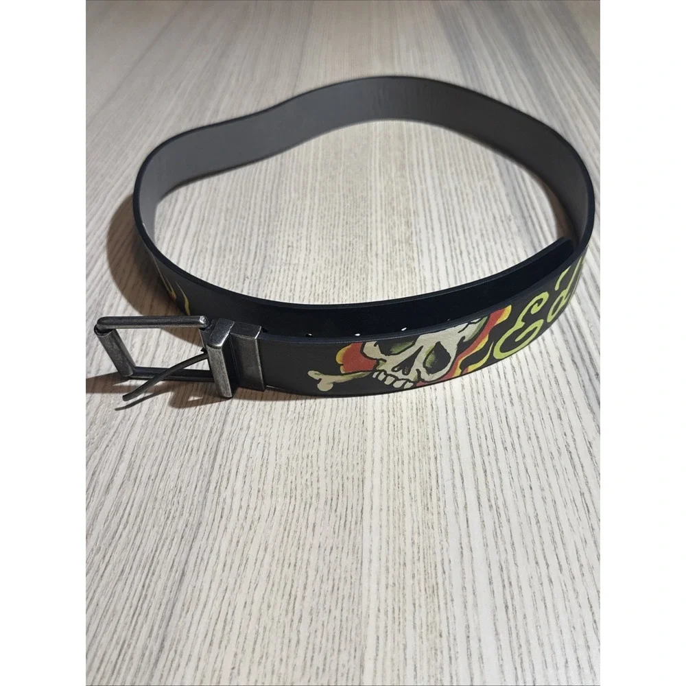 Ed Hardy Men Reversible Belt 42 Black Tattoo Skull Live to Ride Bonded Leather